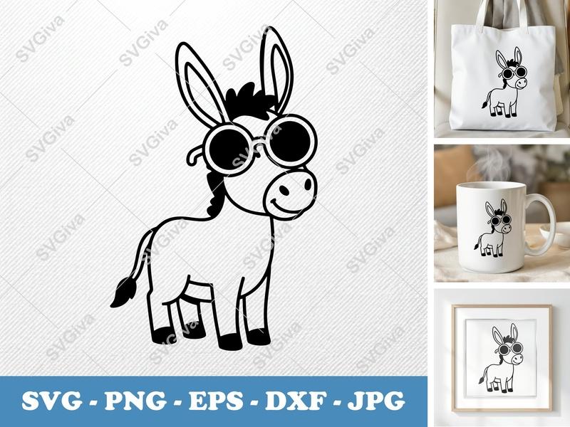 Donkey Wearing Sunglasses SVG, Friendly Rounded Bean-Shaped Cut File, PNG DXF EPS for Cricut Silhouette