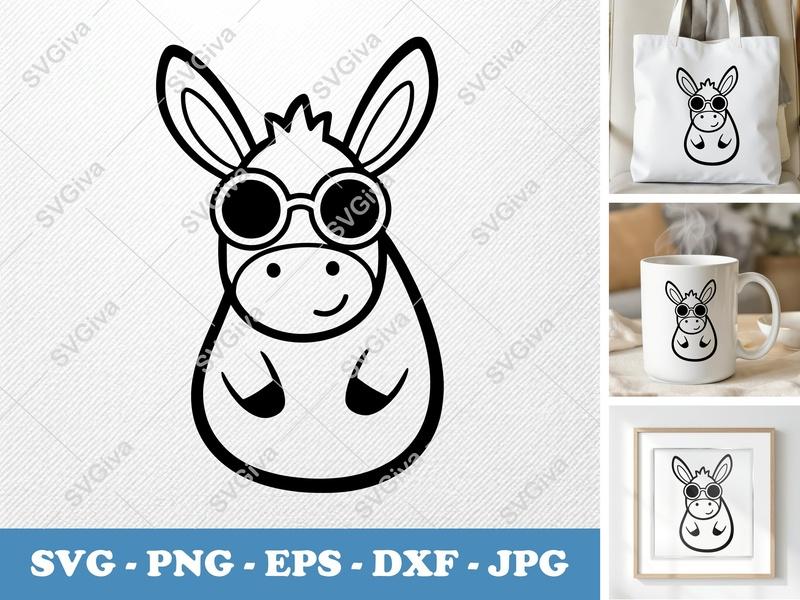 Donkey wearing sunglasses SVG, Rounded Bean-Shaped Cut File, Friendly Animal Design, PNG DXF EPS | Cricut Silhouette