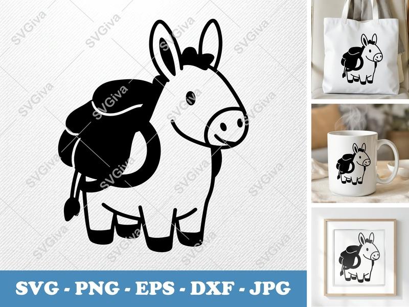 Donkey with Backpack SVG PNG DXF EPS | Cricut Silhouette Cut File Vector Art