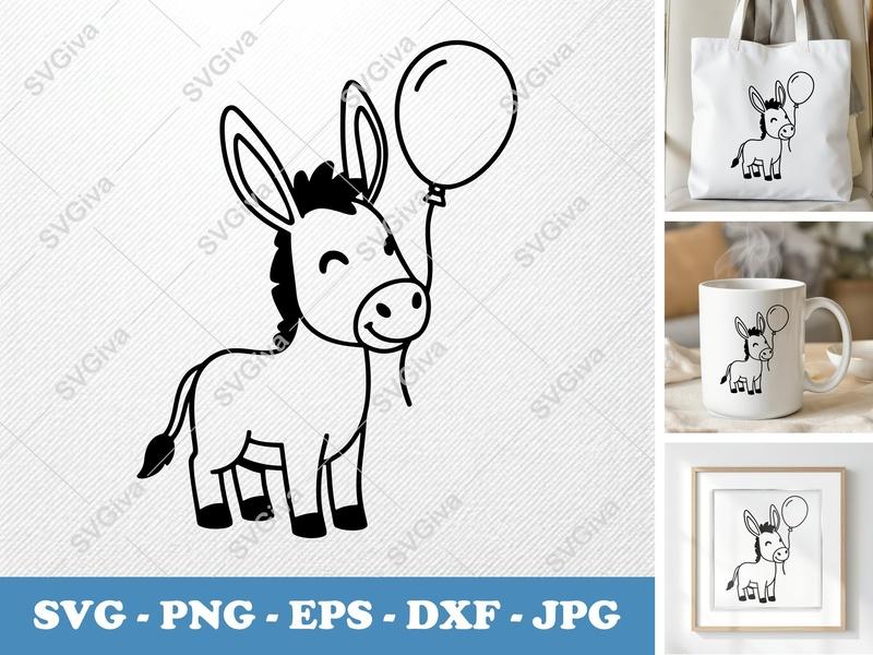 Donkey with balloon SVG | Friendly Bean-Shaped Cut File | Rounded Body PNG DXF EPS | Cricut Silhouette Ready