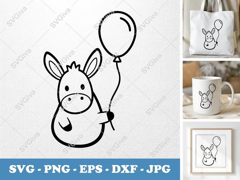 Donkey with Balloon SVG | Friendly Bean-Shaped Cut File | Rounded Body PNG DXF EPS for Cricut Silhouette