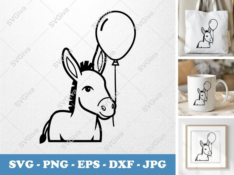 Donkey with Balloon SVG PNG DXF EPS | Farm Animal Cut File Cricut Silhouette