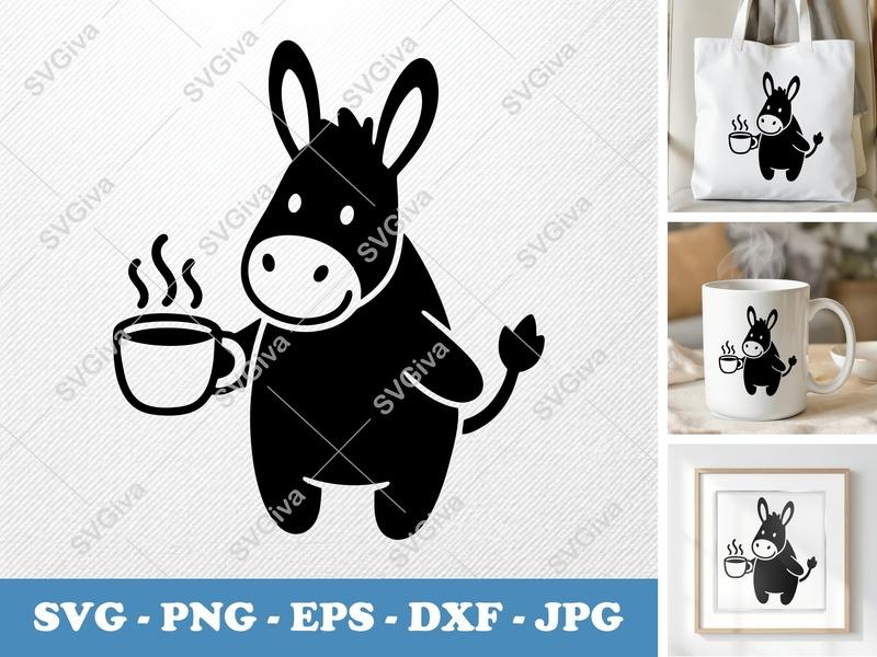 Donkey with Coffee Cup SVG | Puffy, Soft Shapes | PNG DXF EPS | Cricut Silhouette File