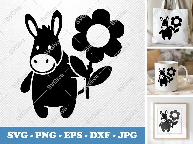 Donkey with Flower SVG | Puffy Pillow-Soft Forms | PNG DXF EPS | Cricut Silhouette Cut File