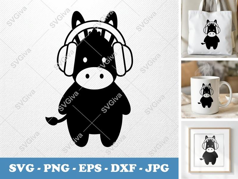 Donkey with Headphones SVG, Cute Animal PNG, EPS, DXF | Cricut & Silhouette Cut File, Modern Farm Decor