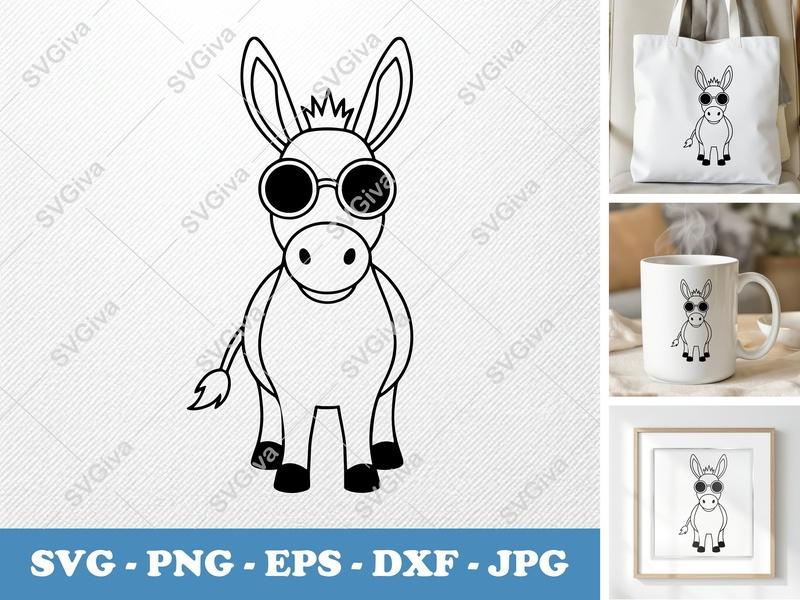 Donkey with Sunglasses SVG | Minimalist Cartoon Vector | Bold Outline PNG DXF EPS | Cricut Silhouette Cut File