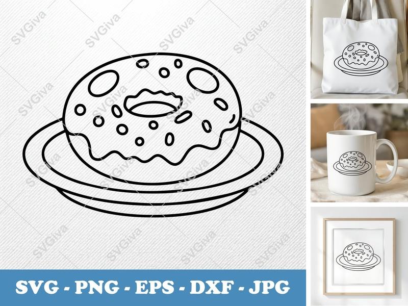 Donut on a Plate SVG | Dessert Cut File PNG DXF EPS Cricut Silhouette Kitchen Food