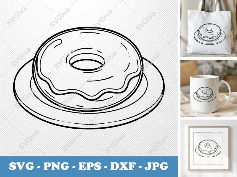 Donut on a Plate SVG PNG DXF EPS | Food Cut File Cricut Silhouette Dessert Graphic
