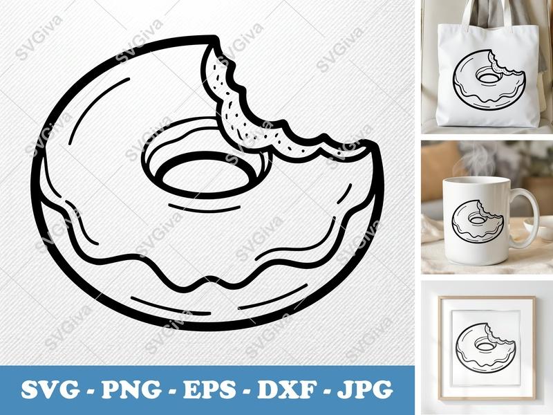 Donut SVG | Bitten Donut Outline, Modern Food Clipart | PNG EPS DXF for Cricut, Silhouette | Sweet Treat Cut File