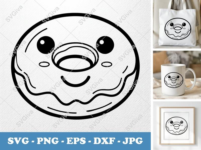 Donut SVG | Cute Kawaii Face, Outline | PNG EPS DXF | Cricut & Silhouette Cut File | Sweet Treat Clipart