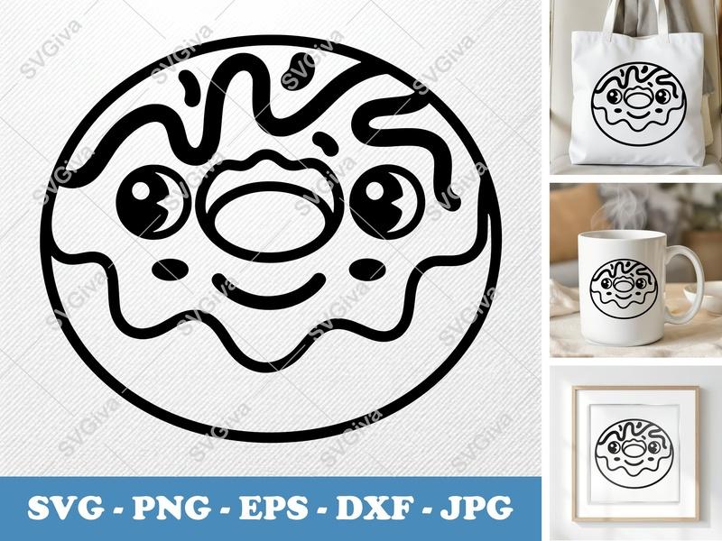 Donut SVG Kawaii Face, Cute Food PNG DXF EPS | Cricut Silhouette Cut File | Modern Cartoon Snack Vector Clipart