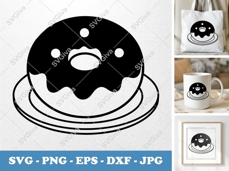 Donut SVG | Modern Black & White Frosted Donut on Plate Cut File for Cricut, Silhouette | PNG, EPS, DXF | Treat Clipart