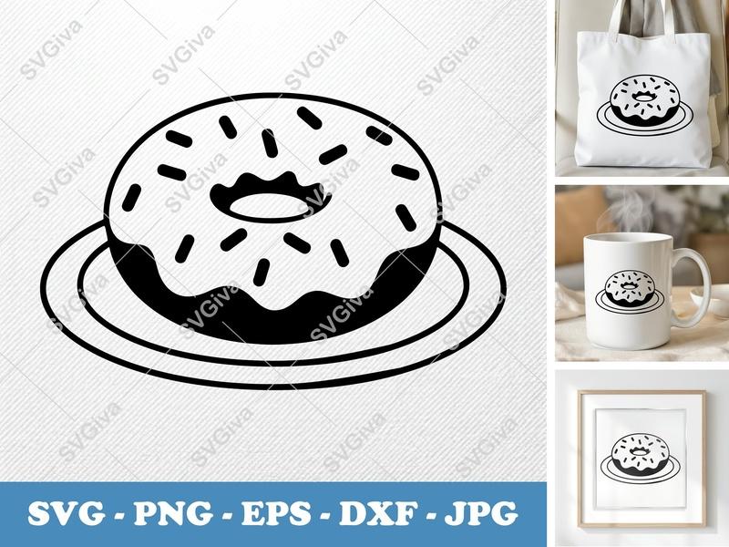 Donut SVG | Modern Sprinkled Donut on Plate | PNG EPS DXF | Cricut Silhouette Cut File | Sweet Treat Clipart