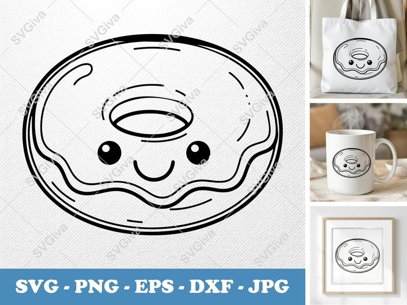 Donut with Smiling Face SVG PNG DXF EPS | Cute Food Cut File Cricut Silhouette