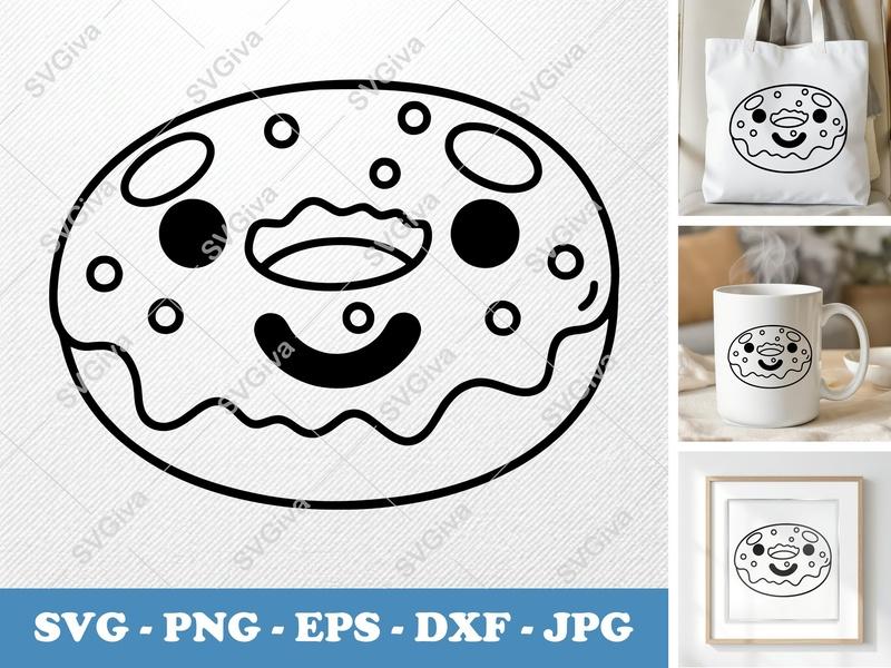 Donut with Smiling Face SVG PNG DXF EPS | Food Cut File Cricut Silhouette Kawaii