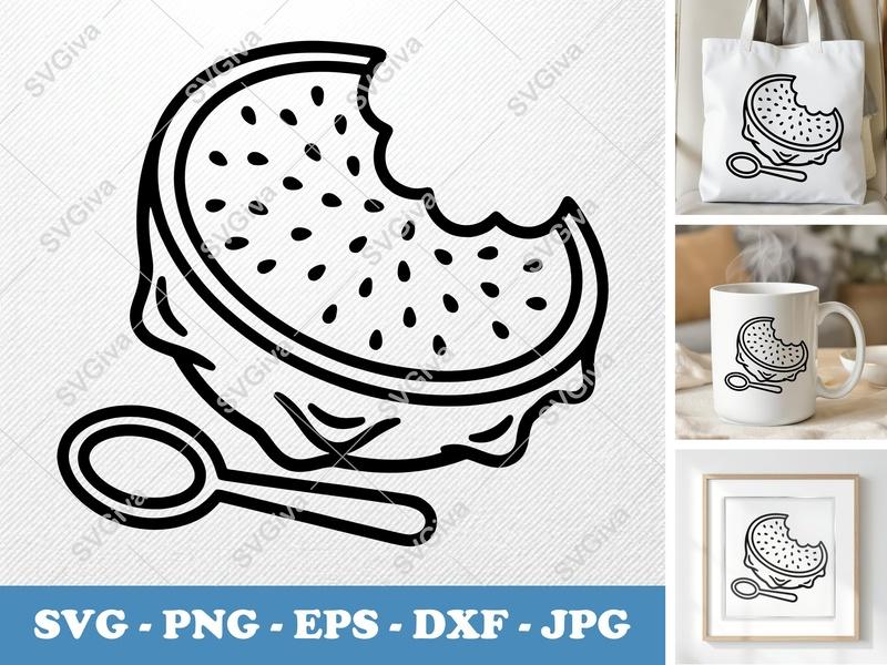 Dragon Fruit SVG, Bitten Fruit with Spoon Cut File, Modern Clean Design, PNG EPS DXF for Cricut & Silhouette