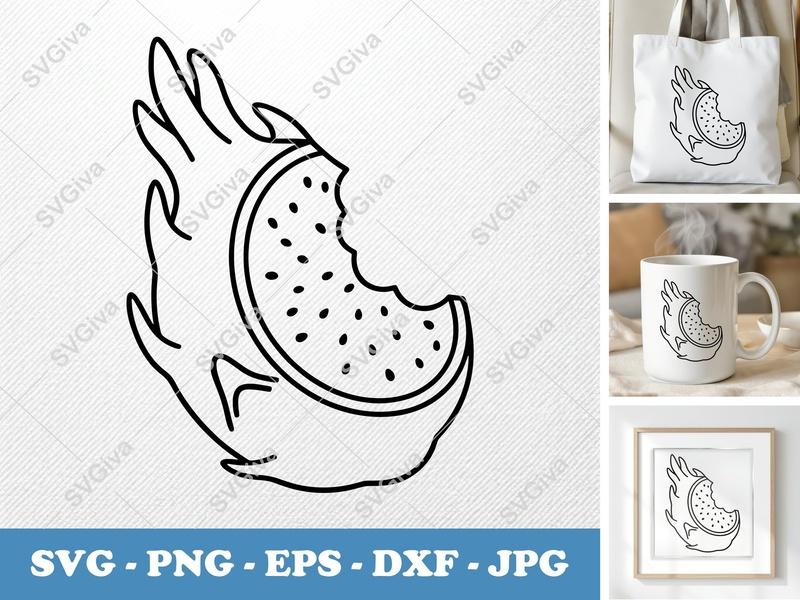Dragon Fruit SVG, Bitten Slice Outline, Modern Fruit Cut File, PNG EPS DXF, Cricut Silhouette Vector Clipart