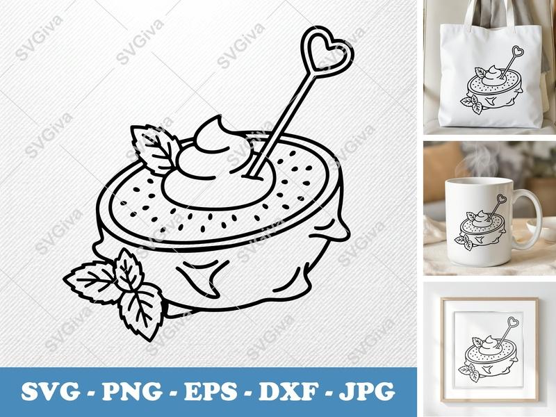 Dragon Fruit SVG, Bowl with Cream & Mint, Modern Outline Art | PNG EPS DXF for Cricut, Silhouette