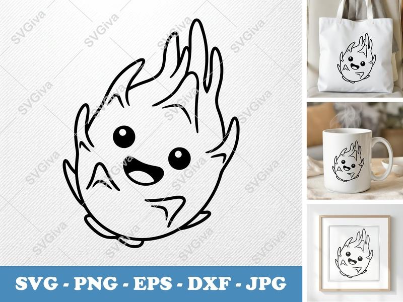 Dragon Fruit SVG, Cute Kawaii Outline Design, Happy Face | PNG EPS DXF for Cricut & Silhouette, Tropical Fruit Clipart
