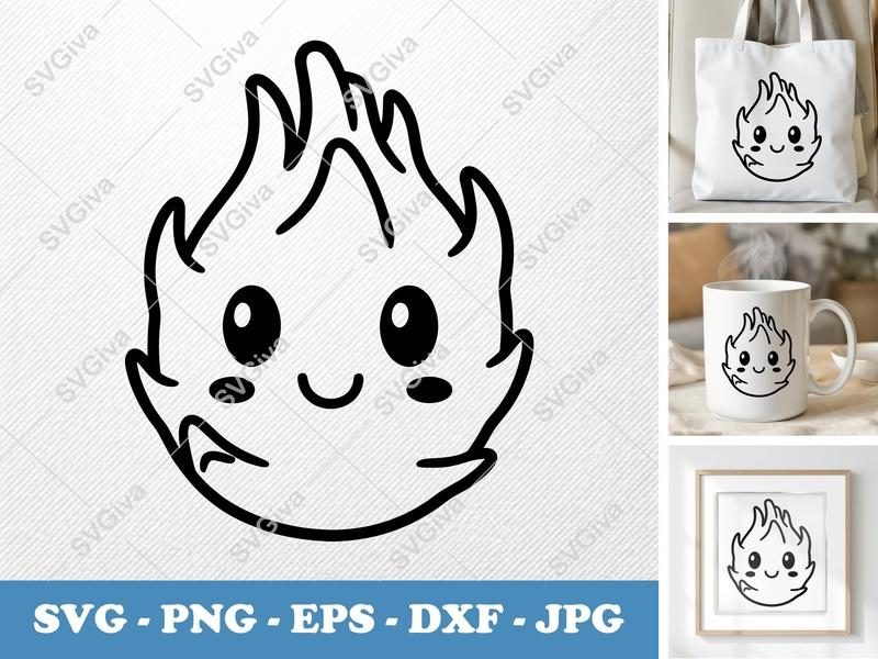 Dragon Fruit SVG, Kawaii Fruit Outline, Cute Modern Design, PNG EPS DXF for Cricut & Silhouette, Tropical Clipart