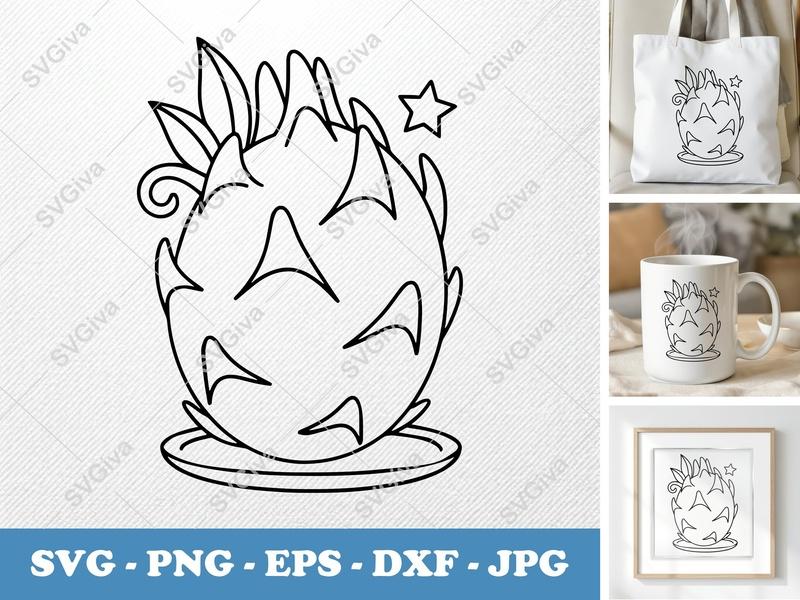 Dragon Fruit SVG, Line Art Design, Modern Clean Outline, Star Detail, PNG EPS DXF for Cricut & Silhouette