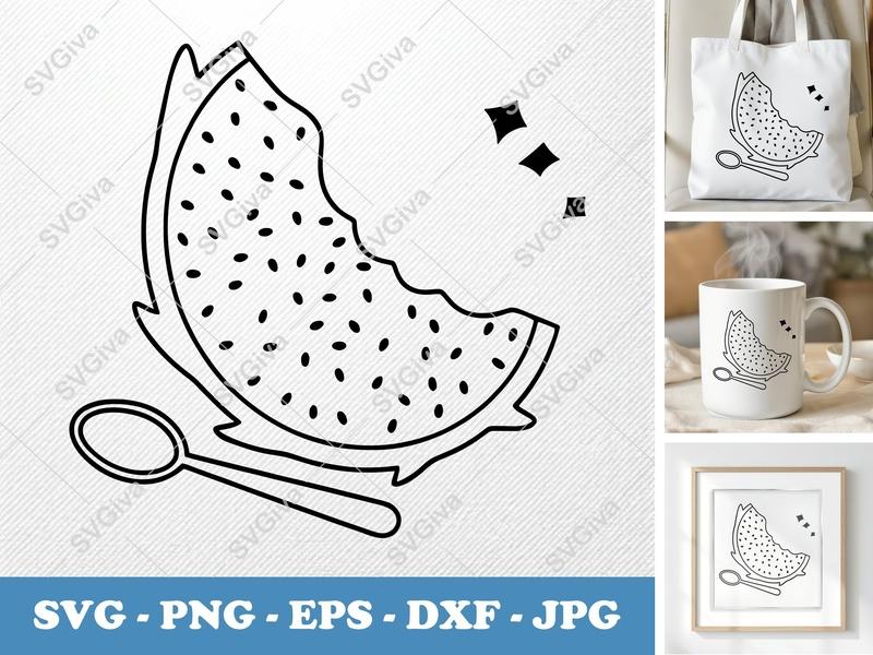 Dragon Fruit SVG, Modern Bitten Slice with Spoon, Food Outline Cut File | PNG EPS DXF for Cricut & Silhouette