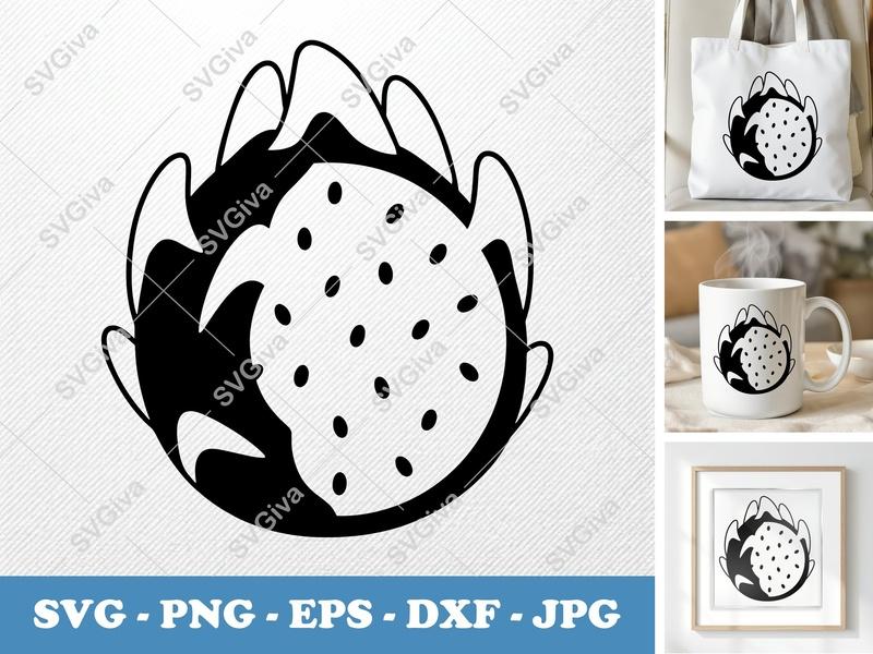 Dragon Fruit SVG | Outline Cut File, Modern Fruit Design, PNG EPS DXF for Cricut & Silhouette, Tropical Food Clipart