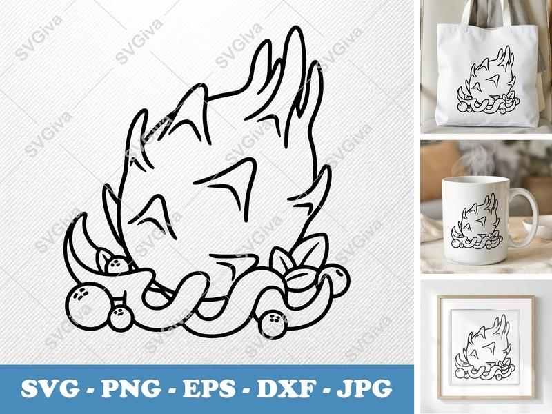 Dragon Fruit SVG | Outline Minimalist Design with Berries | PNG EPS DXF for Cricut & Silhouette, Modern Tropical Fruit Cut File