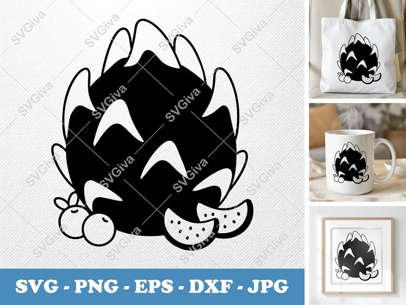 Dragon Fruit SVG | Outline Modern Design with Berries & Watermelon Slices | PNG EPS DXF for Cricut Silhouette