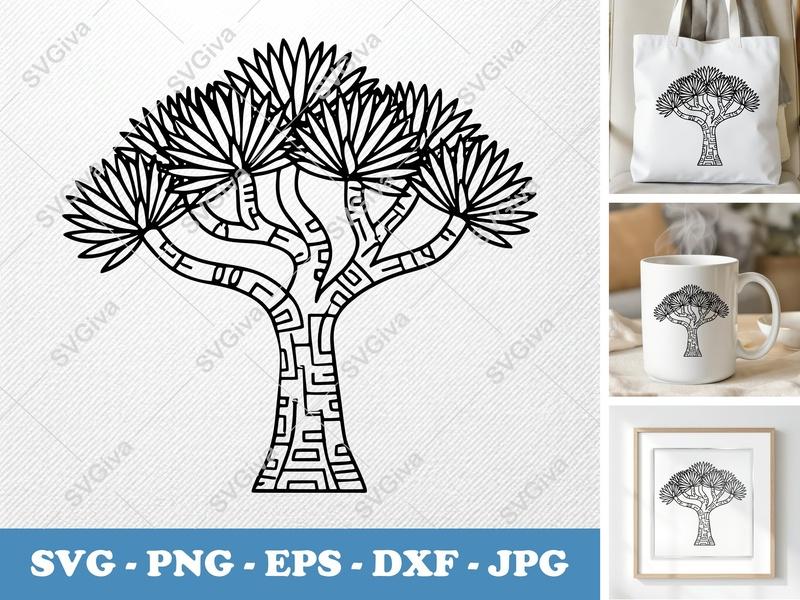 Dragon Tree alone SVG | Bold Contour, Minimalist Plant | PNG, EPS, DXF for Cricut & Silhouette | Tropical Tree Cut File