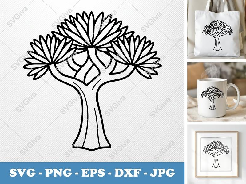 Dragon Tree alone SVG Cut File, Line Art Plant, Nature Icon, PNG EPS DXF for Cricut Silhouette