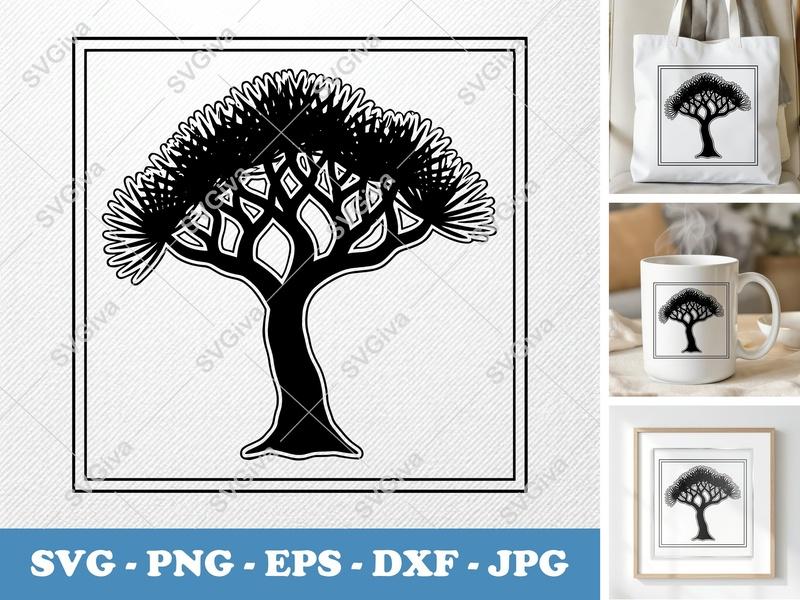 Dragon Tree classic svg icon | Solid Fill with White Contour | SVG PNG DXF EPS | Cricut Silhouette Cut File