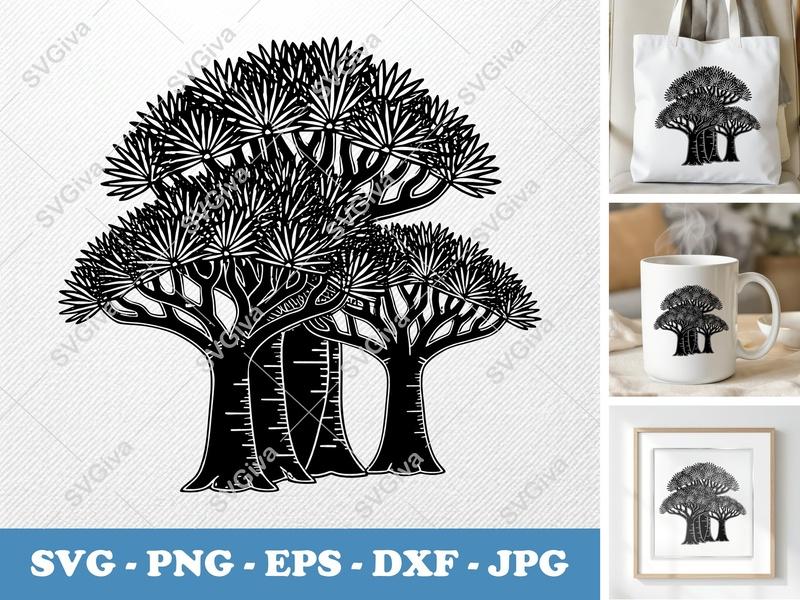 Dragon Tree in a group SVG | Black Fill White Contour | Nature Plant Cut File for Cricut, Silhouette | PNG, EPS, DXF