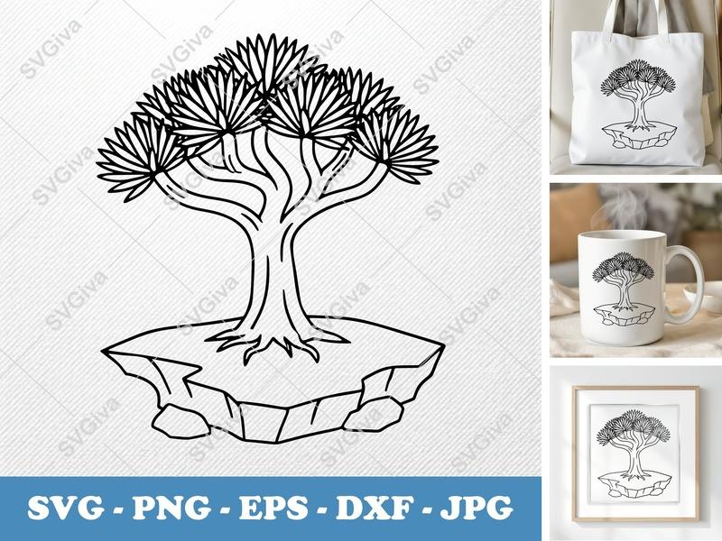 Dragon Tree on a piece of land SVG | Bold Outline Tree Clipart | Nature Cut File | PNG EPS DXF for Cricut Silhouette