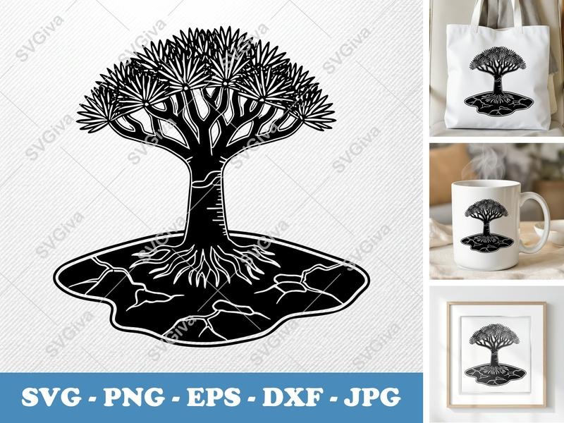 Dragon Tree on a piece of land SVG Cut File | Solid Black Fill, White Contour, Roots | PNG EPS DXF for Cricut Silhouette