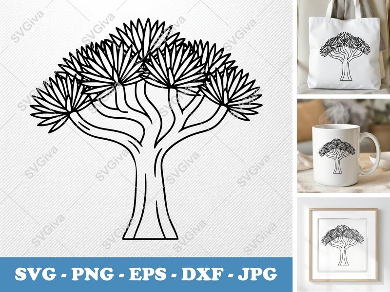 Dragon Tree SVG | Modern Clean Outline Design | PNG EPS DXF | Cricut Silhouette Cut File | Digital Download Plant Art