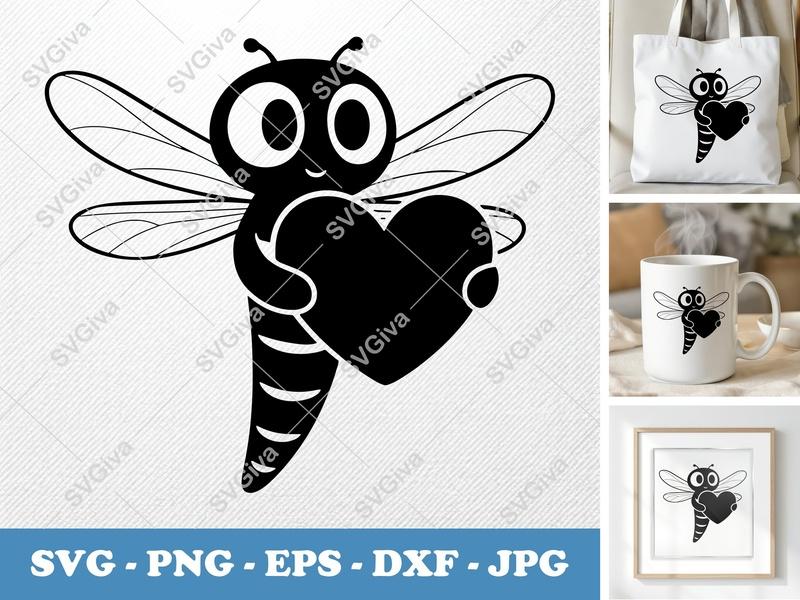 Dragonfly holding a heart SVG | Puffy Soft Inflated Shapes | PNG DXF EPS | Cricut Silhouette File