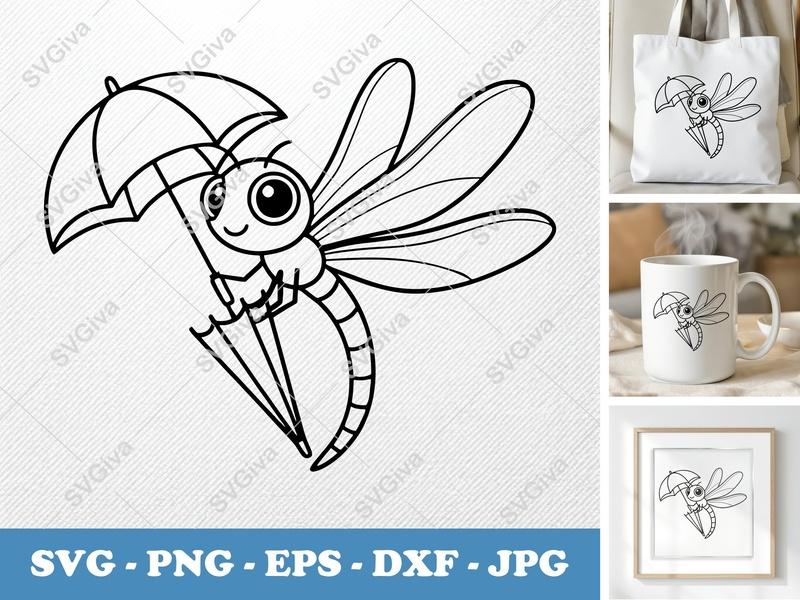 Dragonfly holding umbrella SVG | Friendly Rounded Body Bean-Shaped Cut File | PNG DXF EPS | Cricut Silhouette