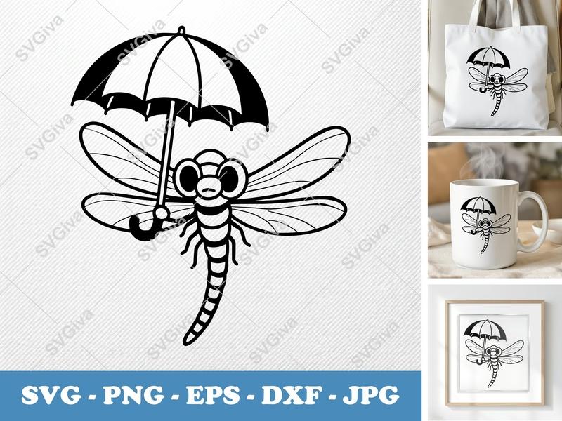 Dragonfly holding umbrella SVG PNG DXF EPS | Cute Insect Cut File Cricut Silhouette