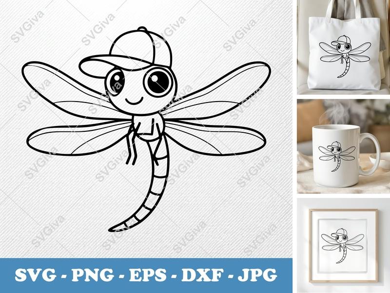Dragonfly in a Cap SVG | Friendly Rounded Cartoon Cut File | Bean-Shaped Forms | PNG DXF EPS for Cricut & Silhouette