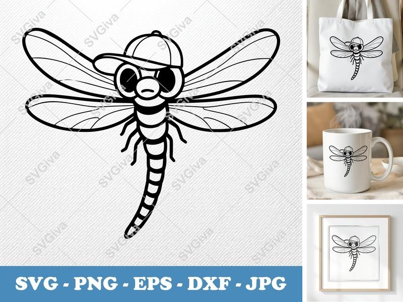 Dragonfly in a Cap SVG PNG DXF EPS | Cricut Silhouette Insect Cut File Vector Art