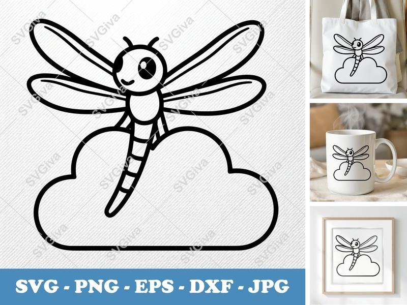 Dragonfly on Cloud SVG PNG DXF EPS | Cute Insect Cut File for Cricut Silhouette | Nature Vector Art