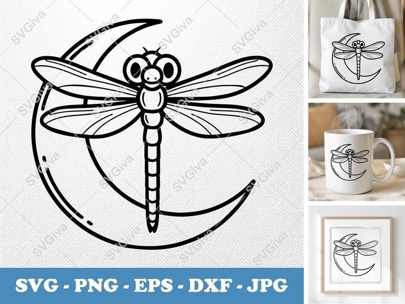 Dragonfly on Moon SVG | Double-Outline Minimalist Design | PNG DXF EPS | Cricut Silhouette Cut File