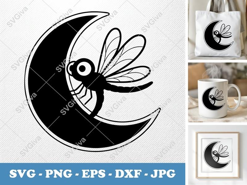 Dragonfly on Moon SVG PNG DXF EPS | Cute Insect Cut File Cricut Silhouette Vector