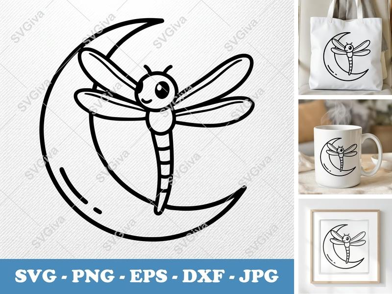 Dragonfly on Moon SVG PNG DXF EPS | Insect Cut File for Cricut Silhouette | Nature Vector Art