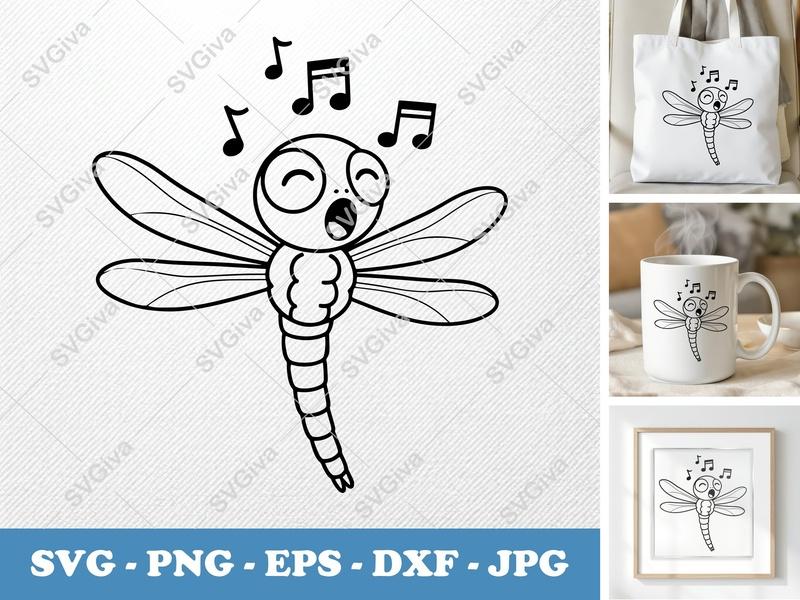 Dragonfly Singing SVG | Bold Minimalist Vector | PNG DXF EPS | Cricut Silhouette Cut File