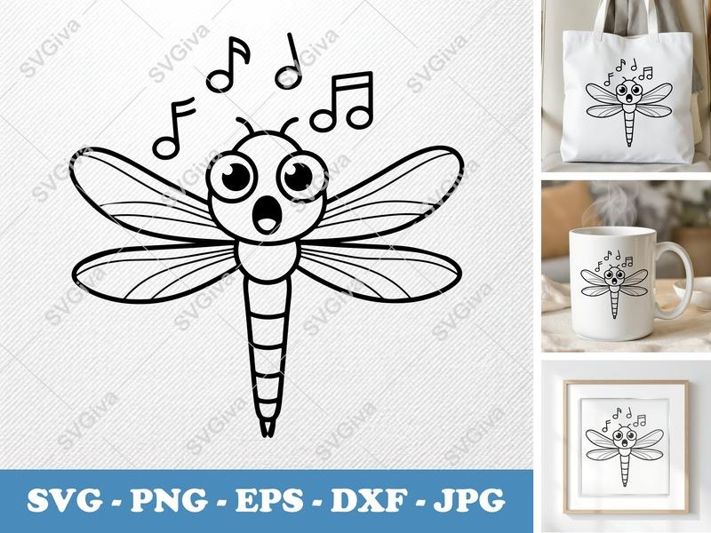 Dragonfly Singing SVG | Cartoon Double-Outline Look | Thick Contour, Thin Lines | PNG DXF EPS | Cricut Silhouette File