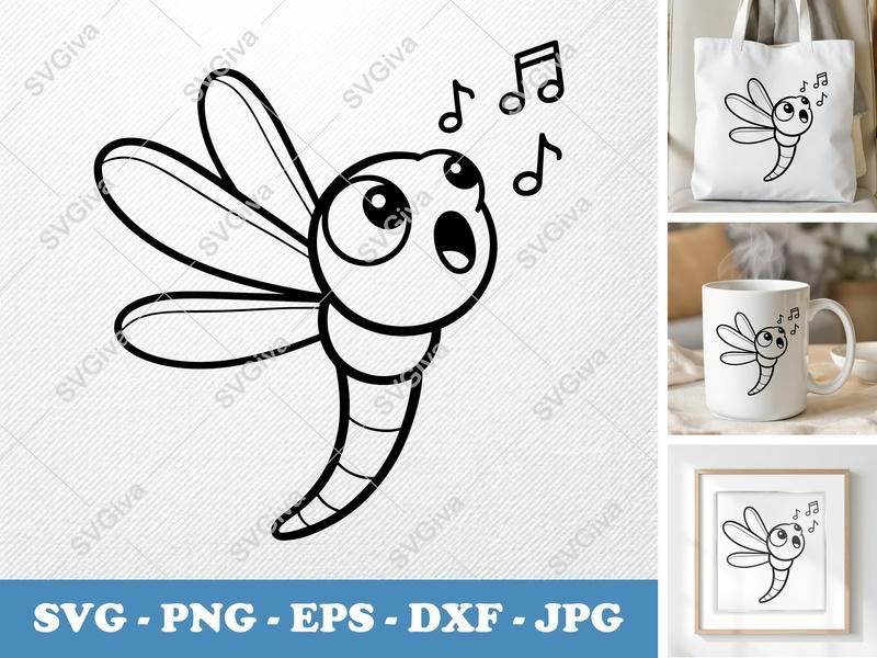 Dragonfly Singing SVG | Cute Cartoon Bean-Shaped Design | PNG DXF EPS | Cricut Silhouette File