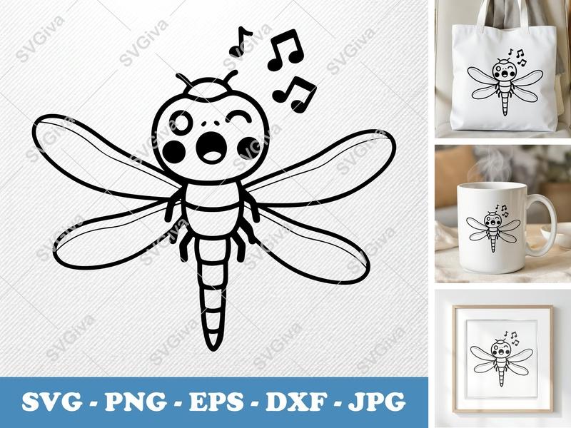 Dragonfly Singing SVG | Puffy Soft Kawaii Cut File | PNG DXF EPS | Cricut Silhouette Design