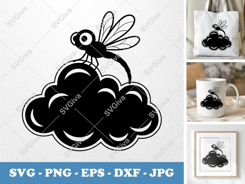 Dragonfly Sitting on a Cloud SVG PNG DXF EPS | Insect Cut File for Cricut Silhouette